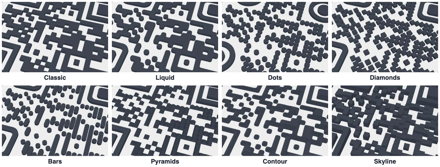 The eight QR code styles: classic, liquid, dots, diamonds, bars, pyramids, contour and skyline