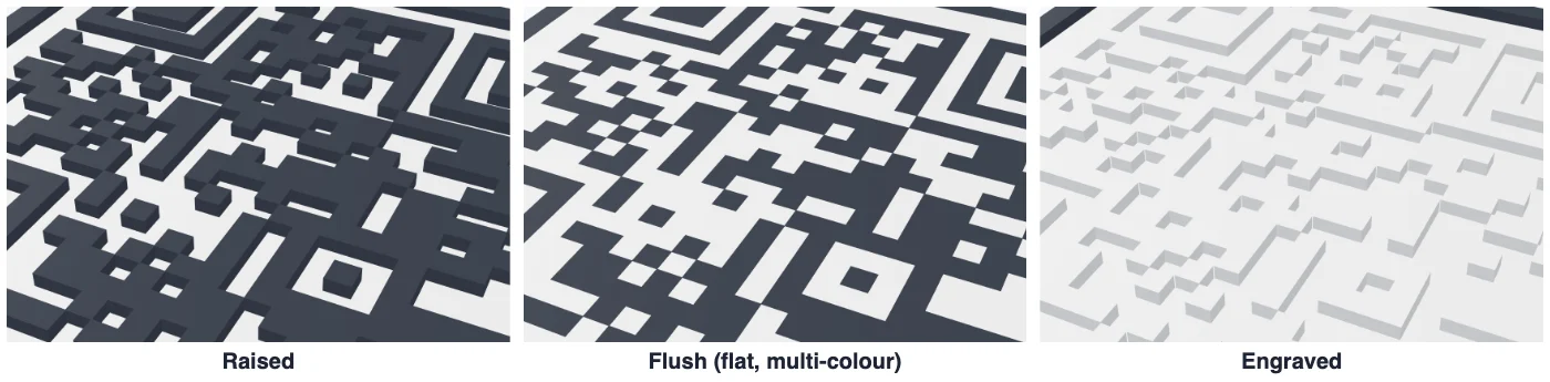 A raised, a flush and an engraved 3D printed QR code side by side