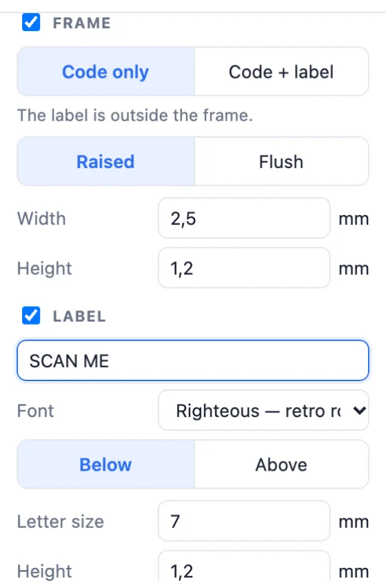 Frame and label settings of the QR code generator