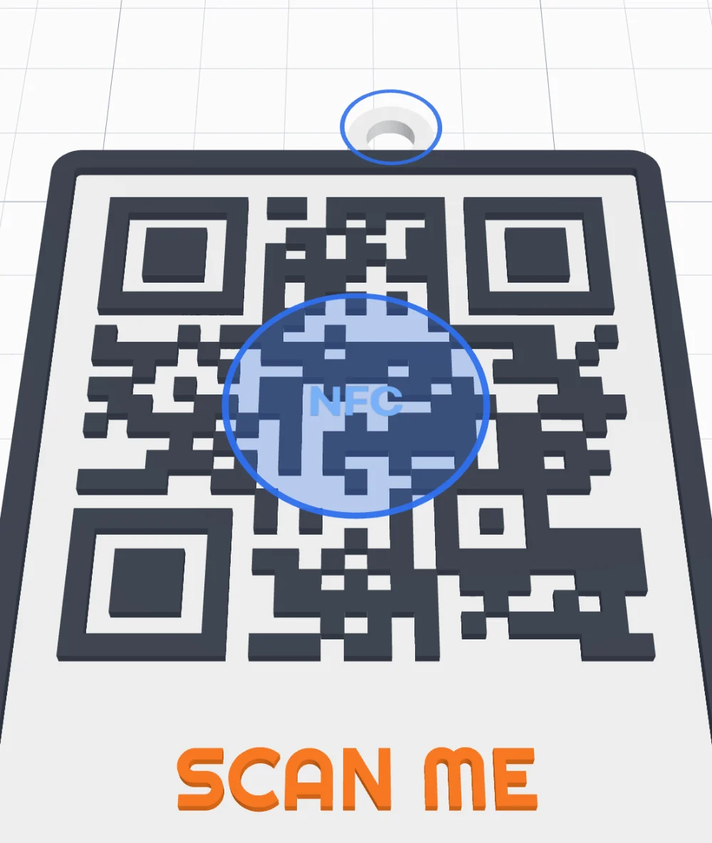 A QR code plate with a frame, the label SCAN ME, a key ring at the top and the NFC chip marker in the middle