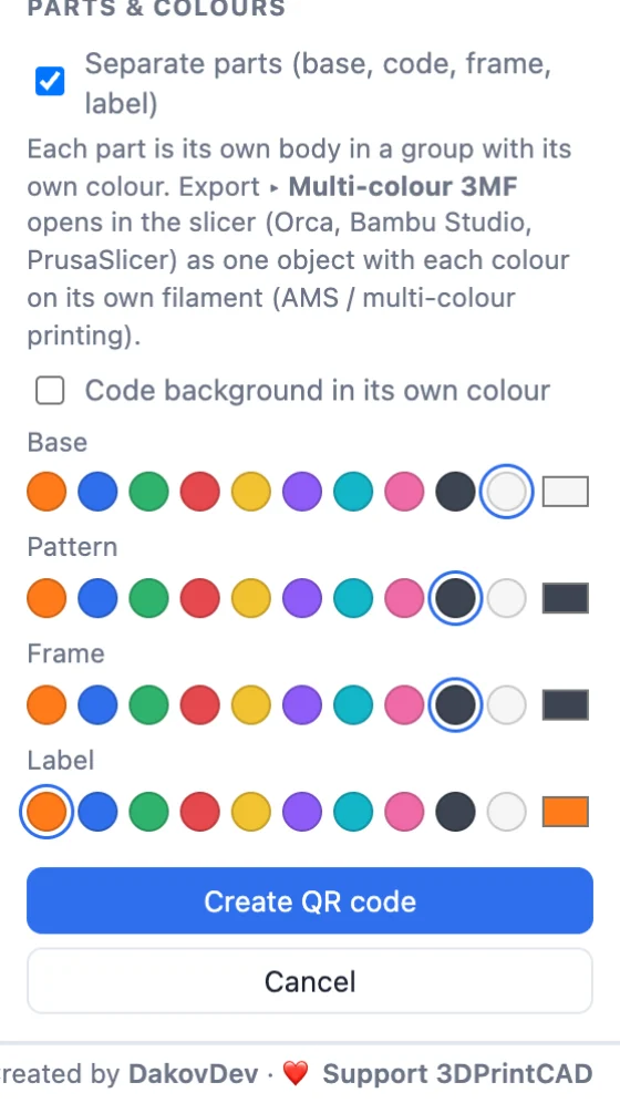 Parts and colours of the 3D printed QR code: base, pattern, frame and label