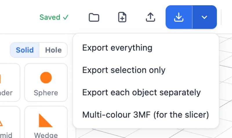 The export menu: export everything, selection, each object separately or a multi-colour 3MF