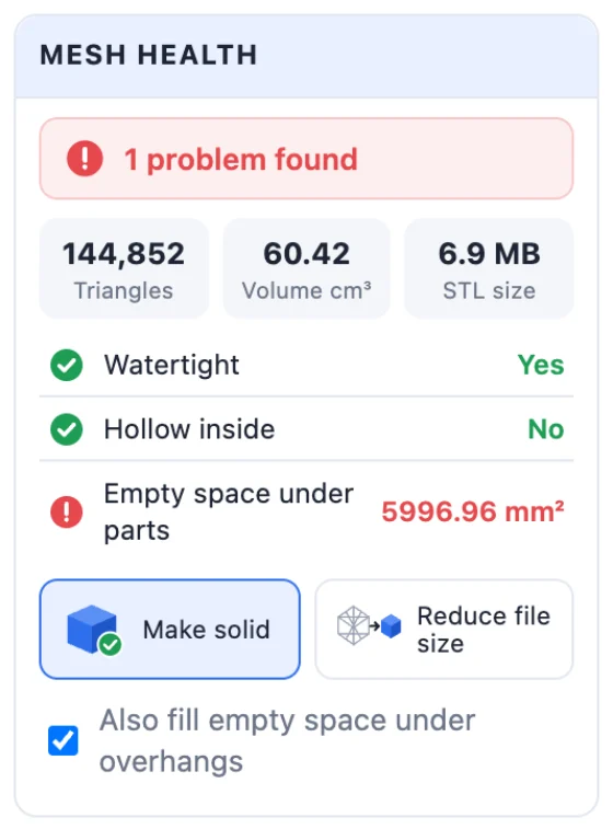 Mesh health after reducing: 144,852 triangles, 60.42 cm³, 6.9 MB, watertight