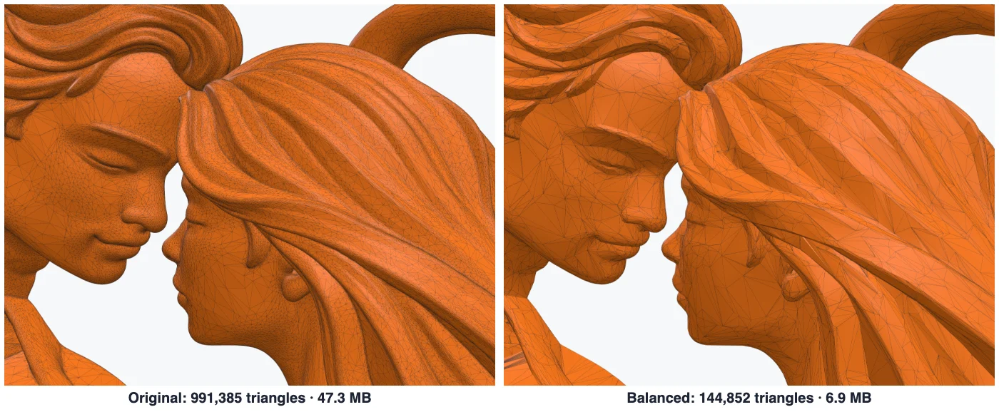 Close-ups of the faces with their triangles drawn: 991,385 triangles at 47.3 MB, and 144,852 triangles at 6.9 MB after reducing