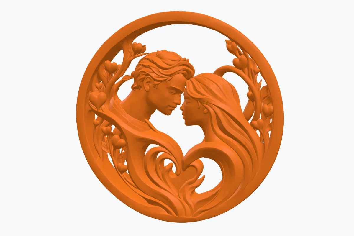 A detailed 3D printable relief medallion of a couple, reduced from 47.3 MB to 6.9 MB