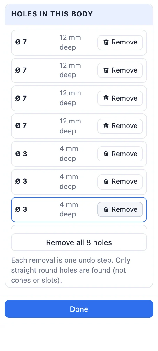 The Remove holes panel: four Ø 7 holes 12 mm deep and four Ø 3 holes 4 mm deep, each with a Remove button, and Remove all 8 holes