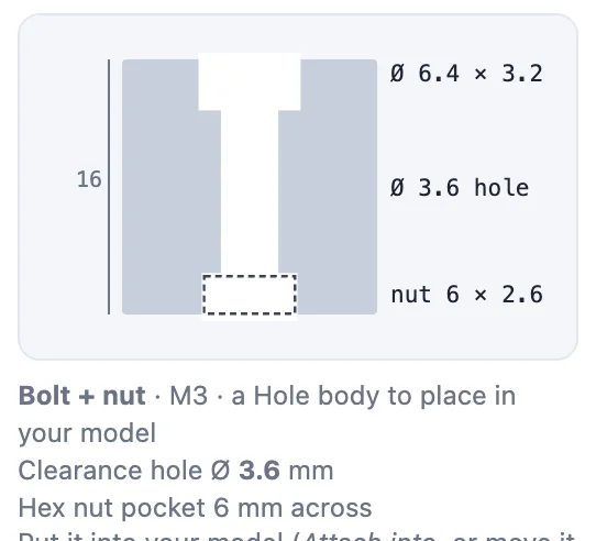 The cross-section drawing: a 16 mm part, the head's pocket Ø 6.4 × 3.2, the Ø 3.6 hole and the nut's pocket 6 × 2.6