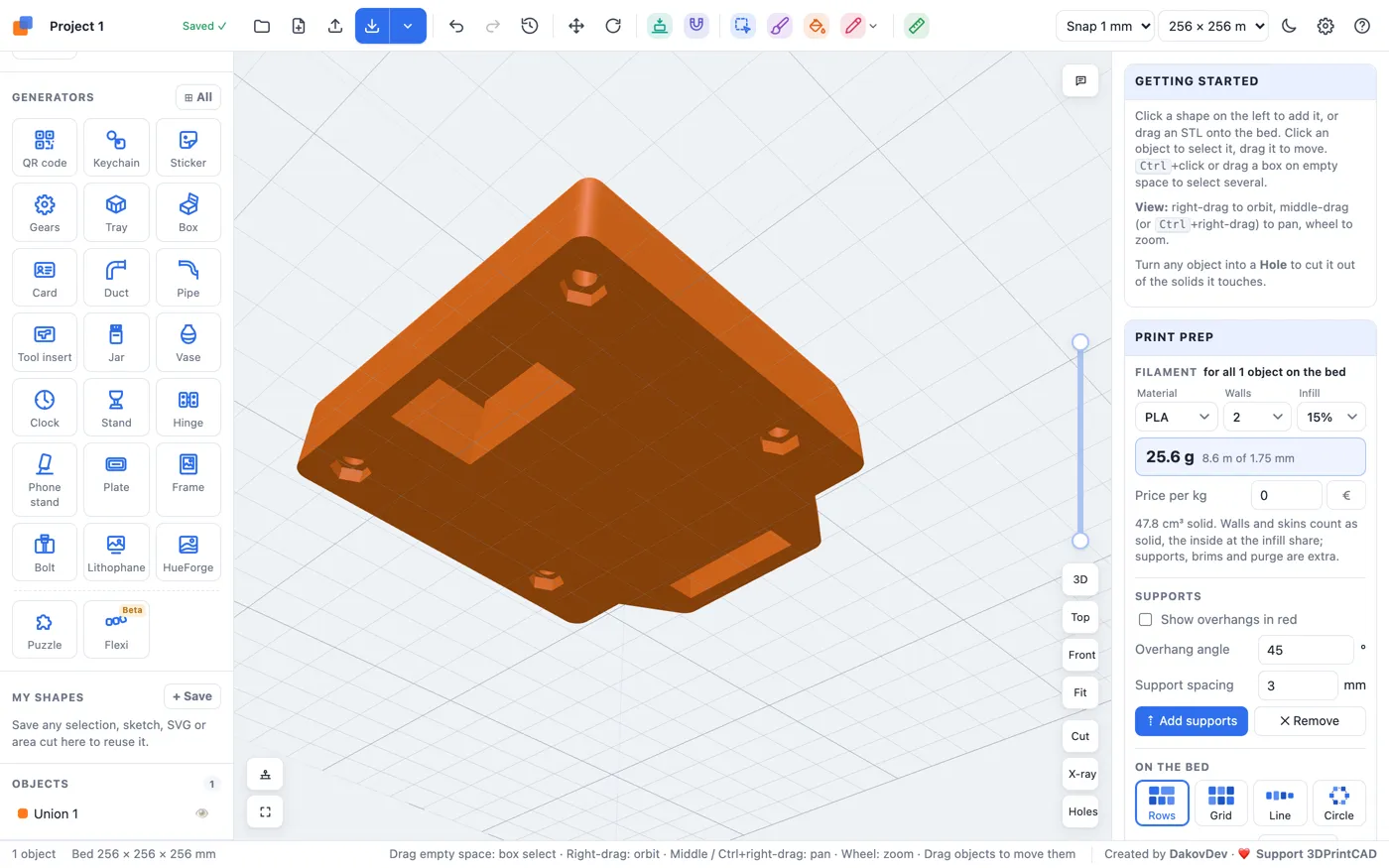 The finished adapter from below: a hex pocket for each nut