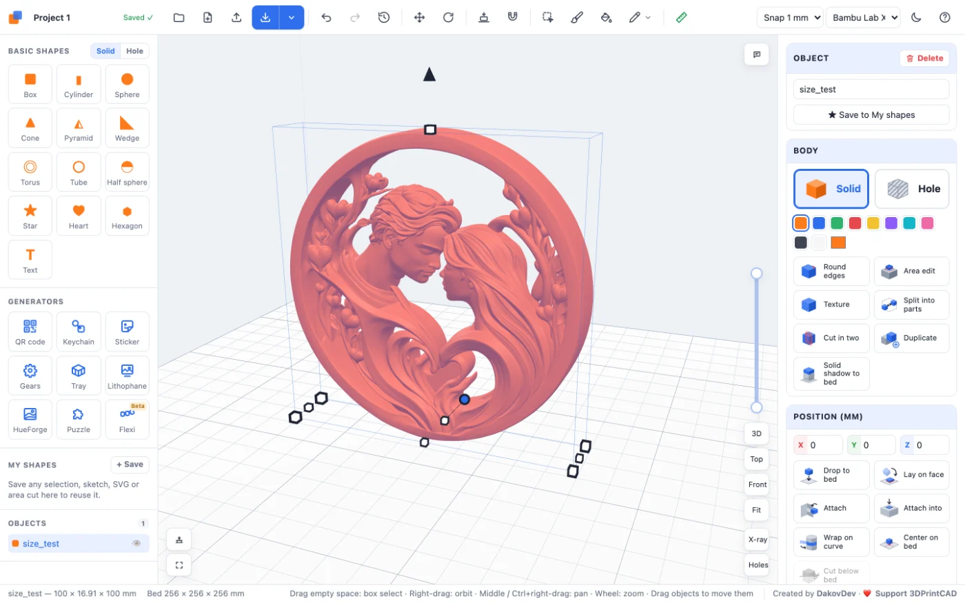 3DPrintCAD with an imported STL relief medallion selected, its size in the Size card and the status bar