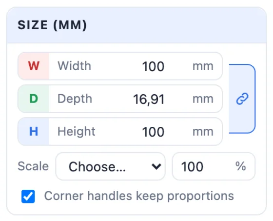 The Size card: Width, Depth and Height in mm, the chain button for keeping proportions, the Scale list and a percentage field