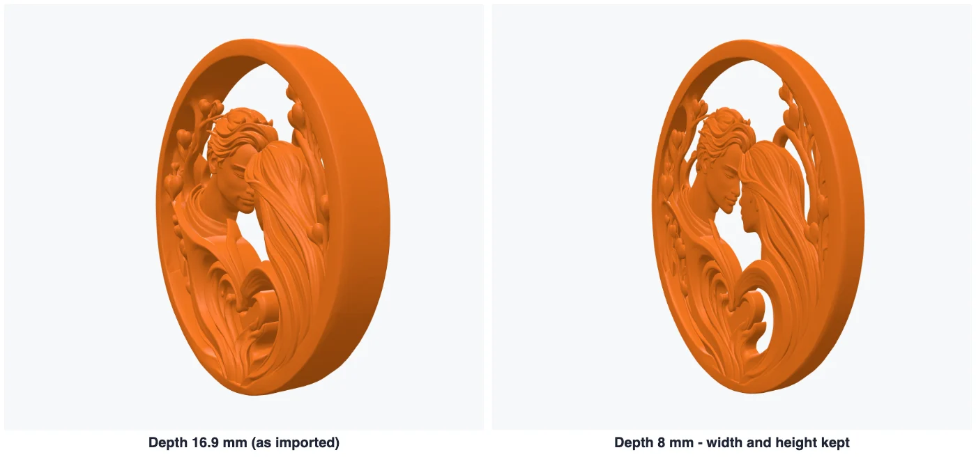 Side views of the relief: 16.9 mm deep as imported, and 8 mm deep with the width and height unchanged
