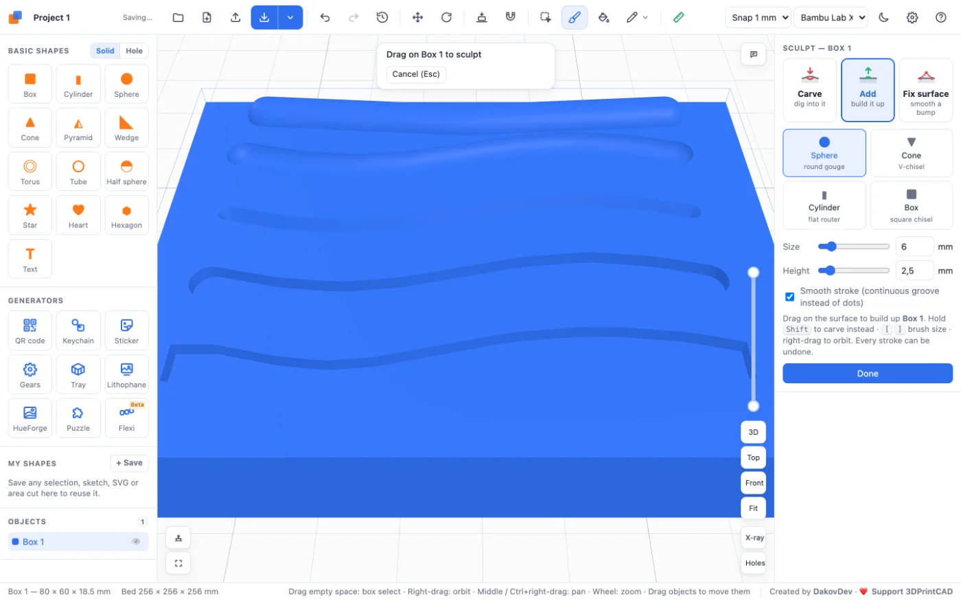The Sculpt tool on a plate: grooves carved with four brushes, the Sculpt panel on the right