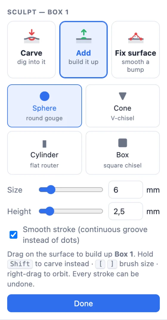 The Sculpt panel: Carve, Add and Fix surface, the Sphere, Cone, Cylinder and Box brushes, Size, Depth and Smooth stroke