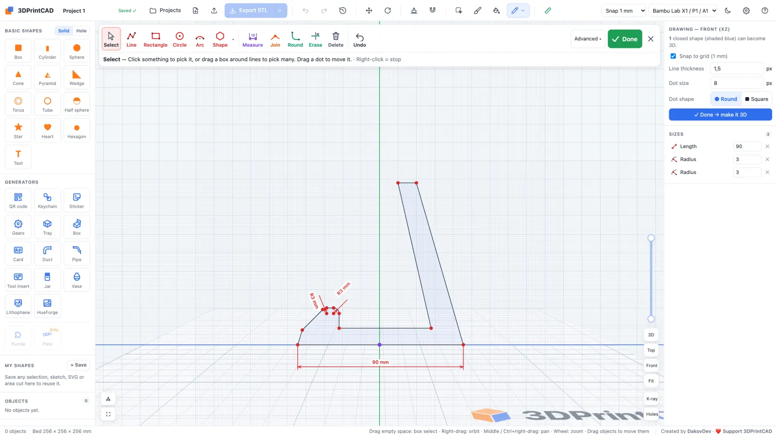 The stand profile drawn in a front sketch: a base 90 mm long, a lip with two rounded corners and a leaning back