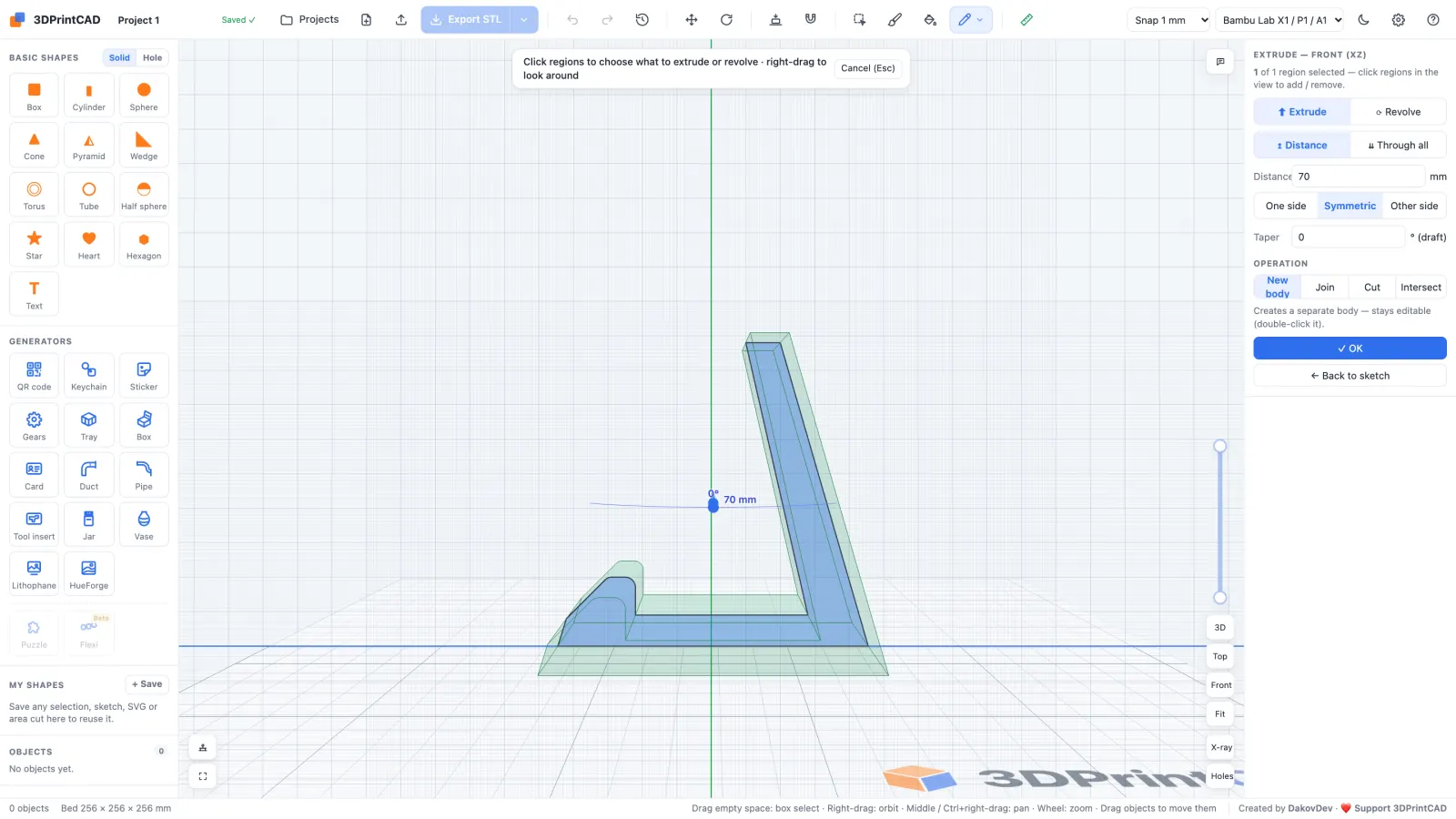 The stand profile extruded 70 mm symmetric, shown as a see-through preview