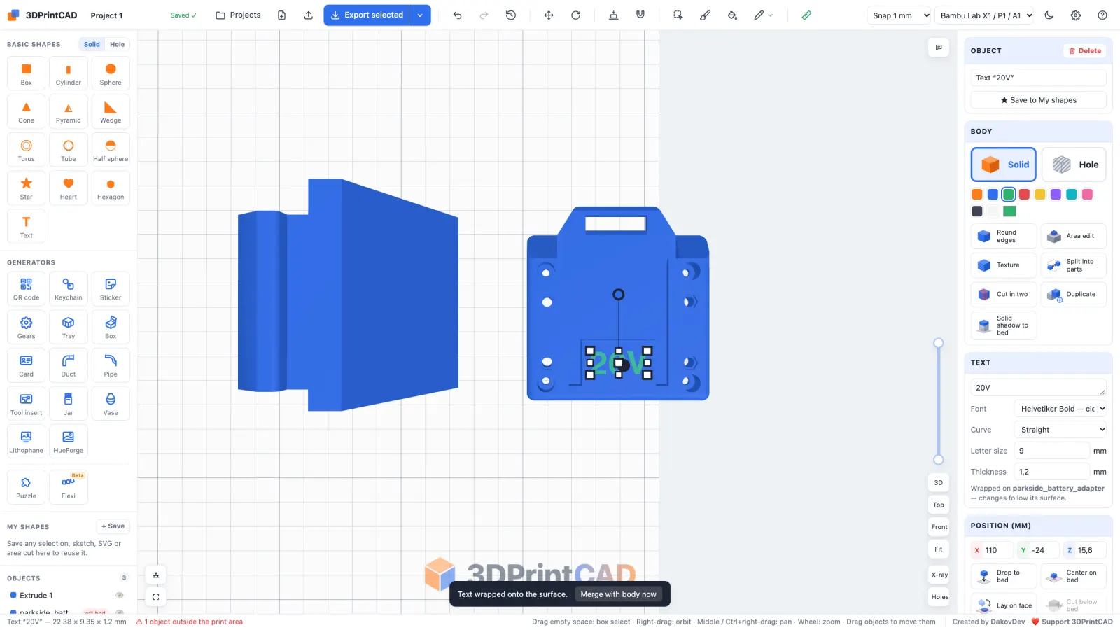 The text 20V placed on the adapter top