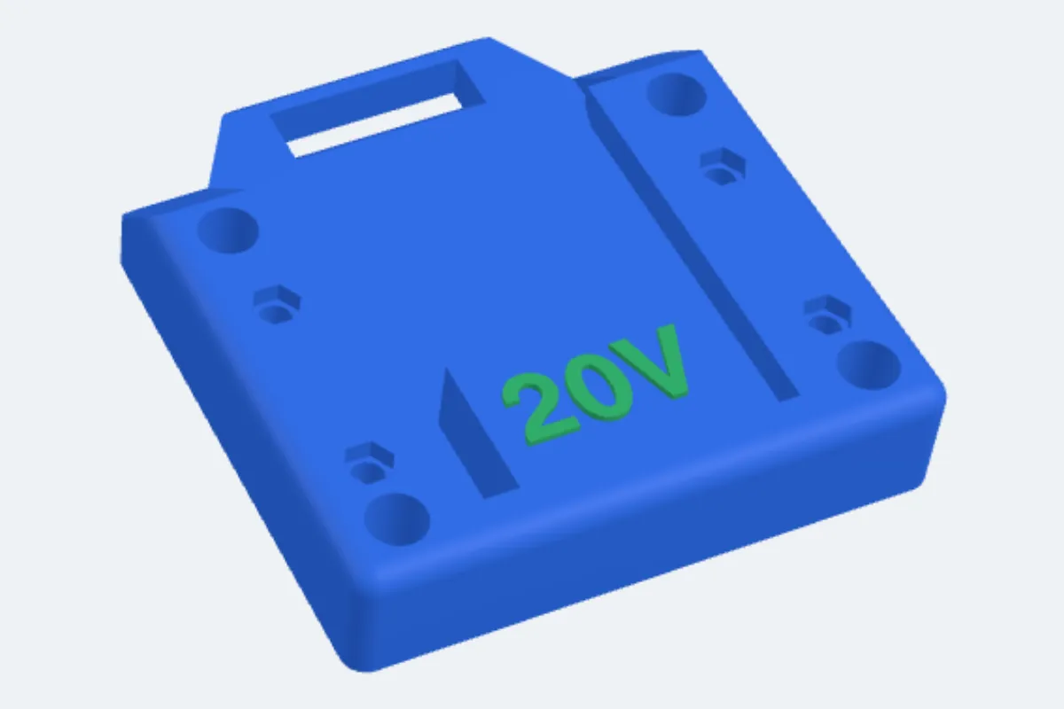 The finished adapter with four mounting holes, hexagon nut pockets and 20V on top