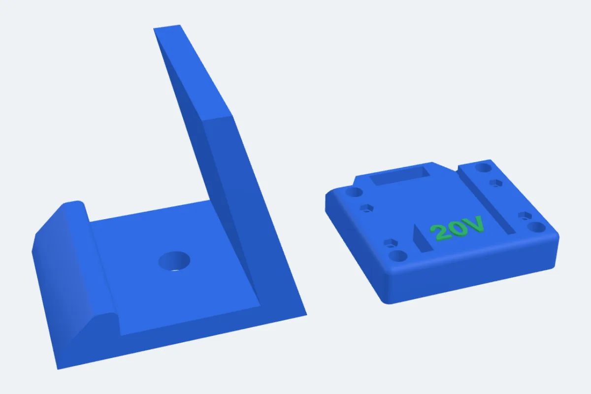 A blue 3D printed iPhone stand and a Parkside battery adapter with mounting holes, nut pockets and 20V on top