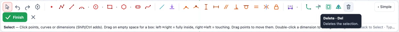 The advanced sketch toolbar with constraints and dimensions