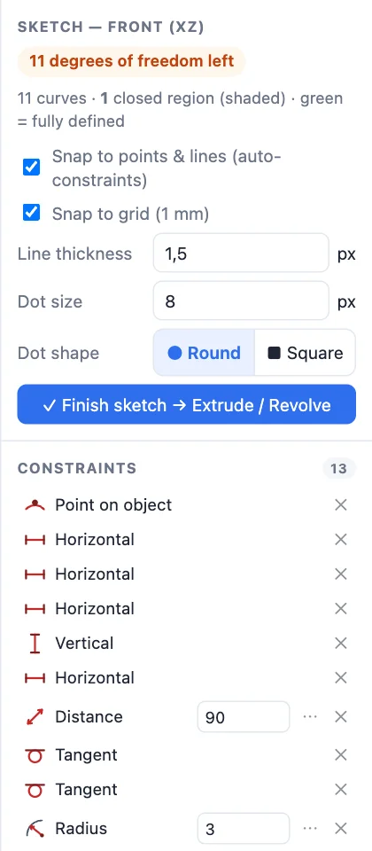 The advanced panel: how defined the sketch is, snap options and the constraints list