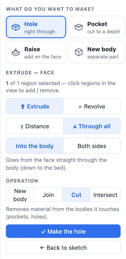 The face presets: hole, pocket, raise and new body, with the hole going through all into the body