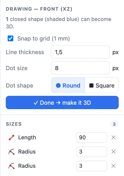The Sizes list: a 90 mm length and two 3 mm radii