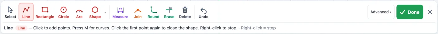 The simple sketch toolbar: select, line, rectangle, circle, arc, shape, measure, join, round, erase, delete, undo, Advanced and Done
