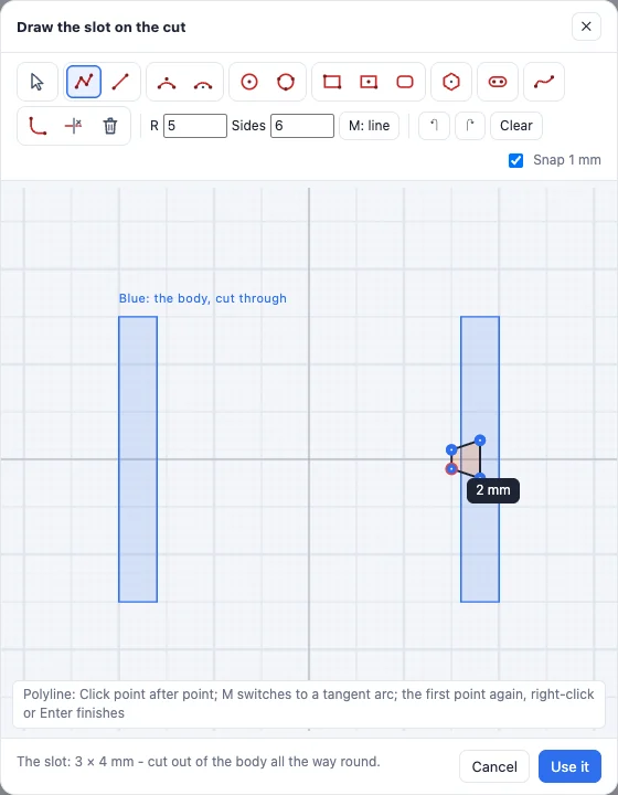 The Draw the slot on the cut editor: the tube's wall cut through in blue and a dovetail shape drawn into the inside wall