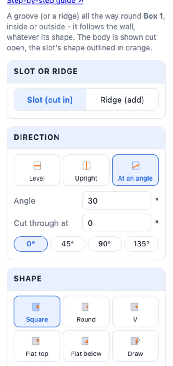 The Direction card with At an angle picked, the Angle field at 30 and the Cut through at chips