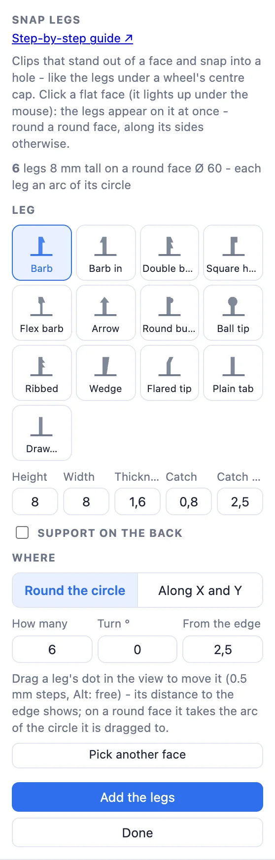The Snap legs panel: the leg types, the sizes, support on the back, where, and the buttons