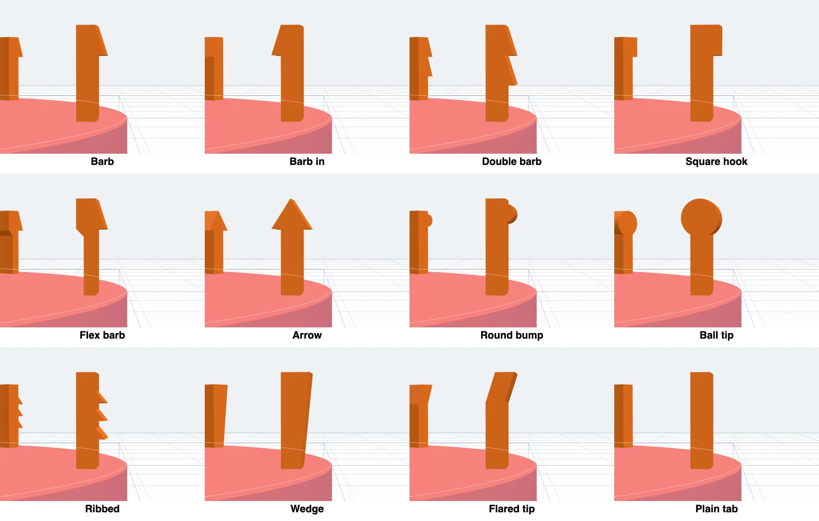 The twelve leg types seen from the side: barb, barb in, double barb, square hook, flex barb, arrow, round bump, ball tip, ribbed, wedge, flared tip and plain tab