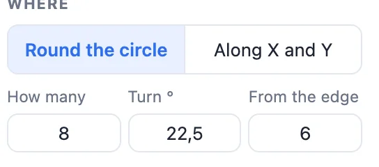 The Where card: Round the circle or Along X and Y, how many, turn and from the edge