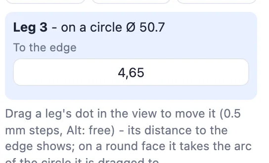 The picked leg's card: on a circle of 50.7 mm, To the edge 4.65