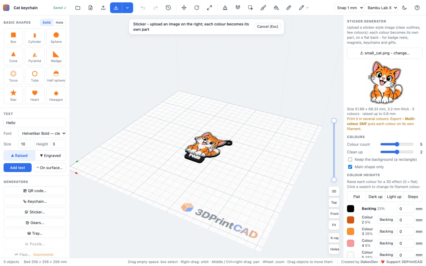The 3DPrintCAD sticker generator with a cat sticker turned into a 3D model