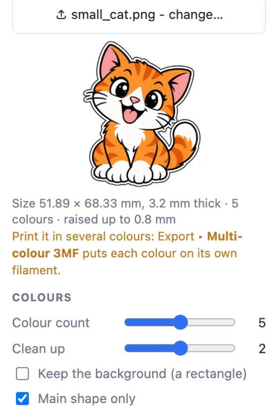 The uploaded sticker image, its size and the colour settings