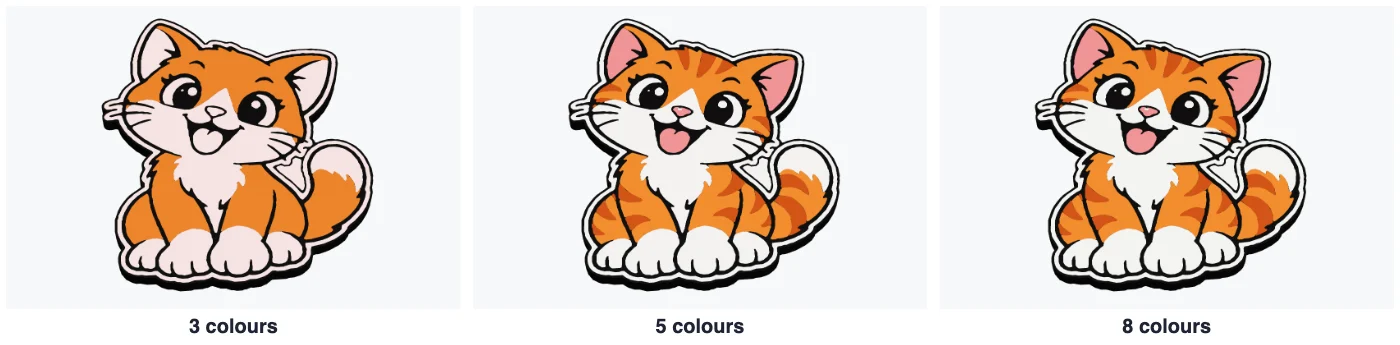 The same cat sticker with 3, 5 and 8 colours
