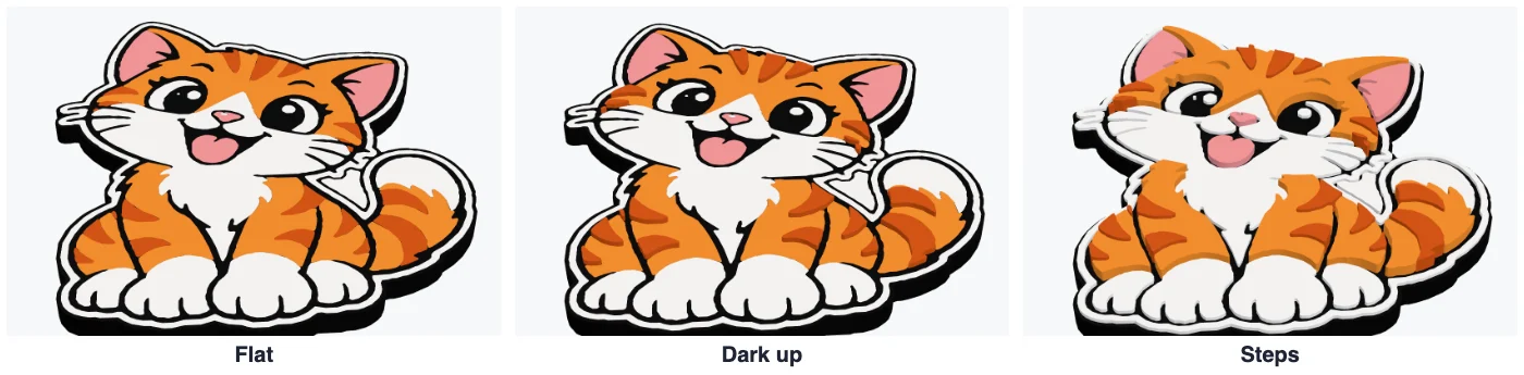 The cat sticker flat, with dark outlines raised, and in steps
