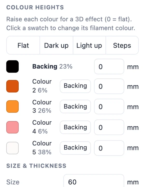 Colour heights: a row per colour with its swatch, share, backing button and height