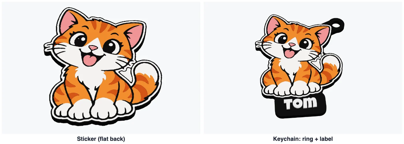 The cat as a flat-backed sticker and as a keychain with a key ring and a name label