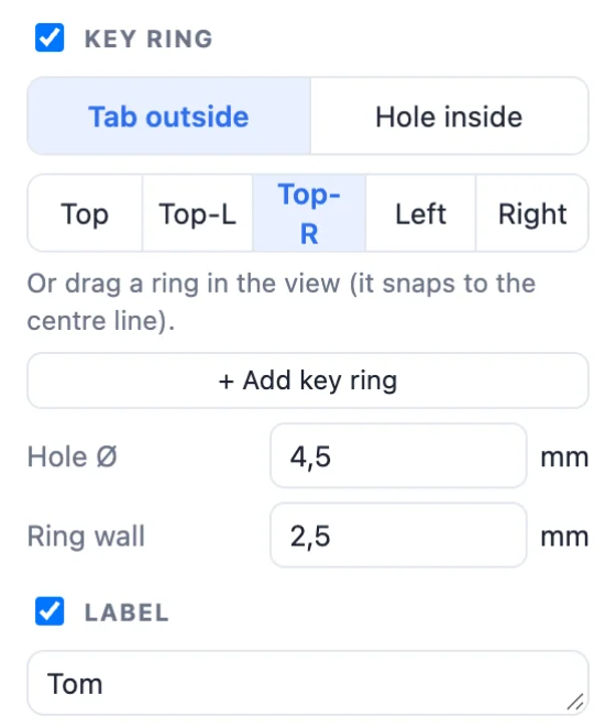 Key ring settings: tab outside or hole inside, the ring positions, hole diameter and ring wall