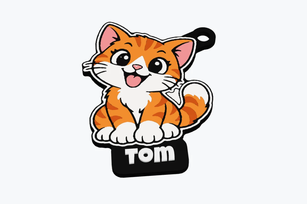 A multi-colour cat keychain made from a sticker image