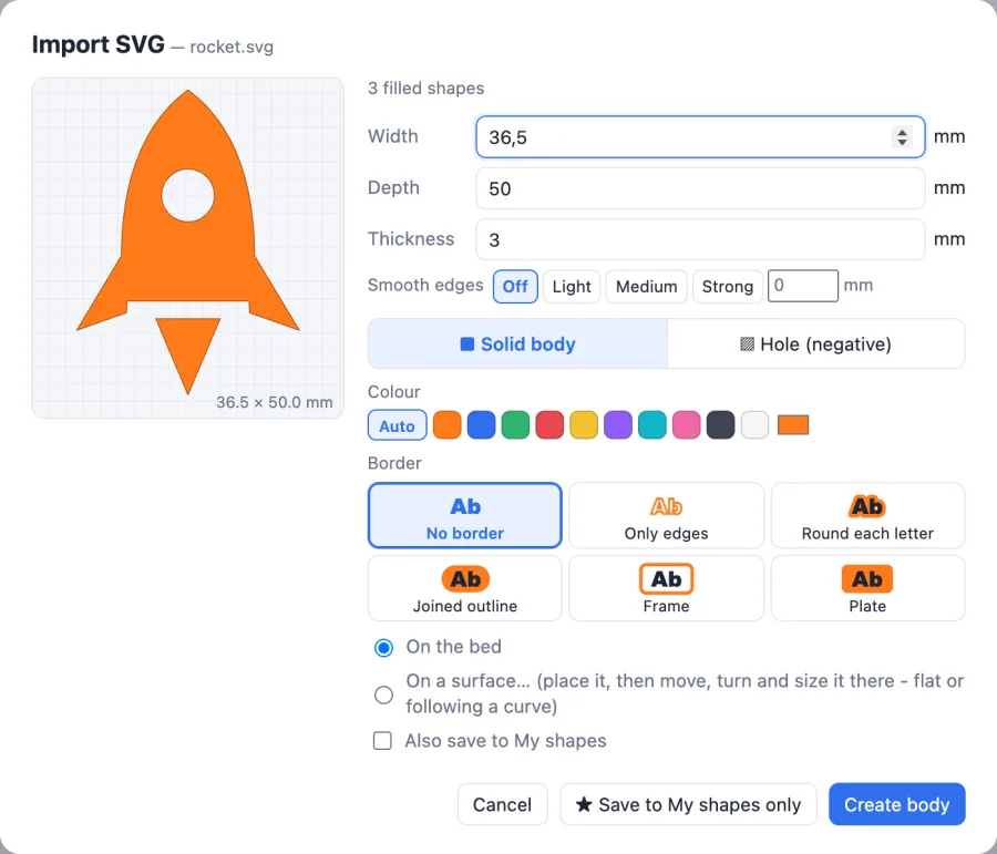 The Import SVG window: the rocket's outline on the left, width, depth, thickness, smooth edges, solid or hole, colour, border and where it goes