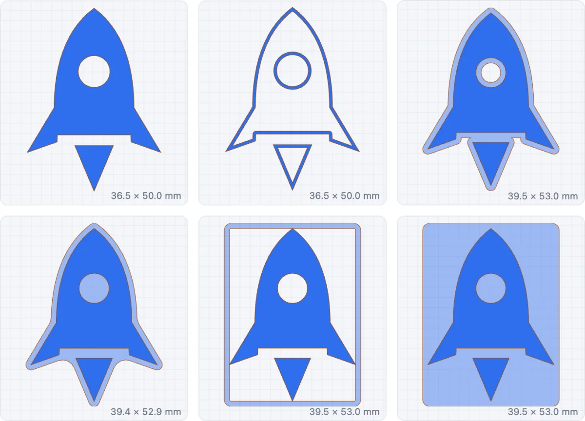 The rocket with each border style: no border, only edges, round each piece, joined outline, frame and plate