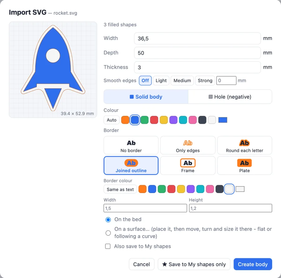 The Import SVG window with a blue rocket, a white Joined outline border 1.5 mm wide and 1.2 mm high