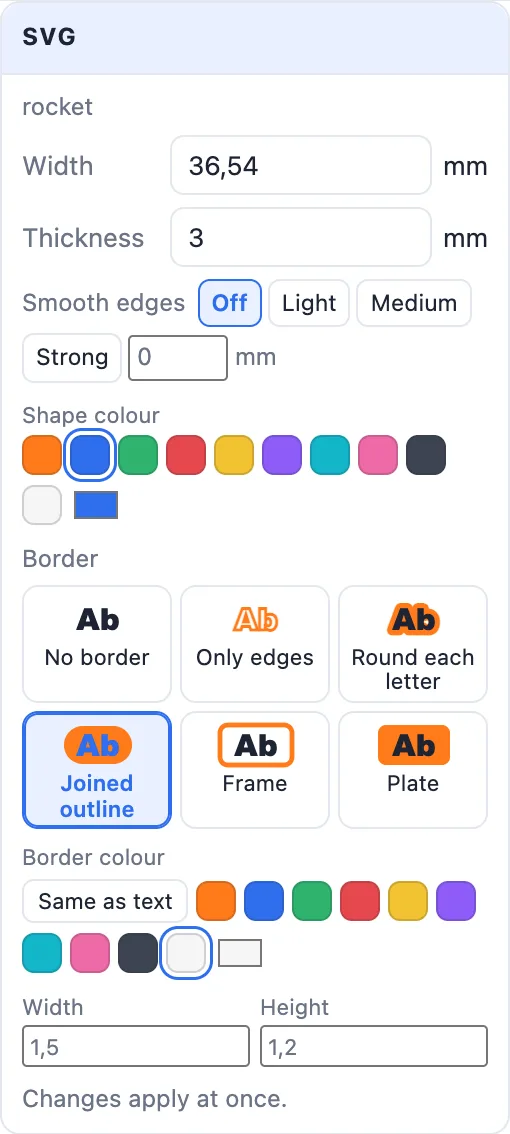 The SVG card: rocket, width, thickness, smooth edges, shape colour and border with its colour, width and height
