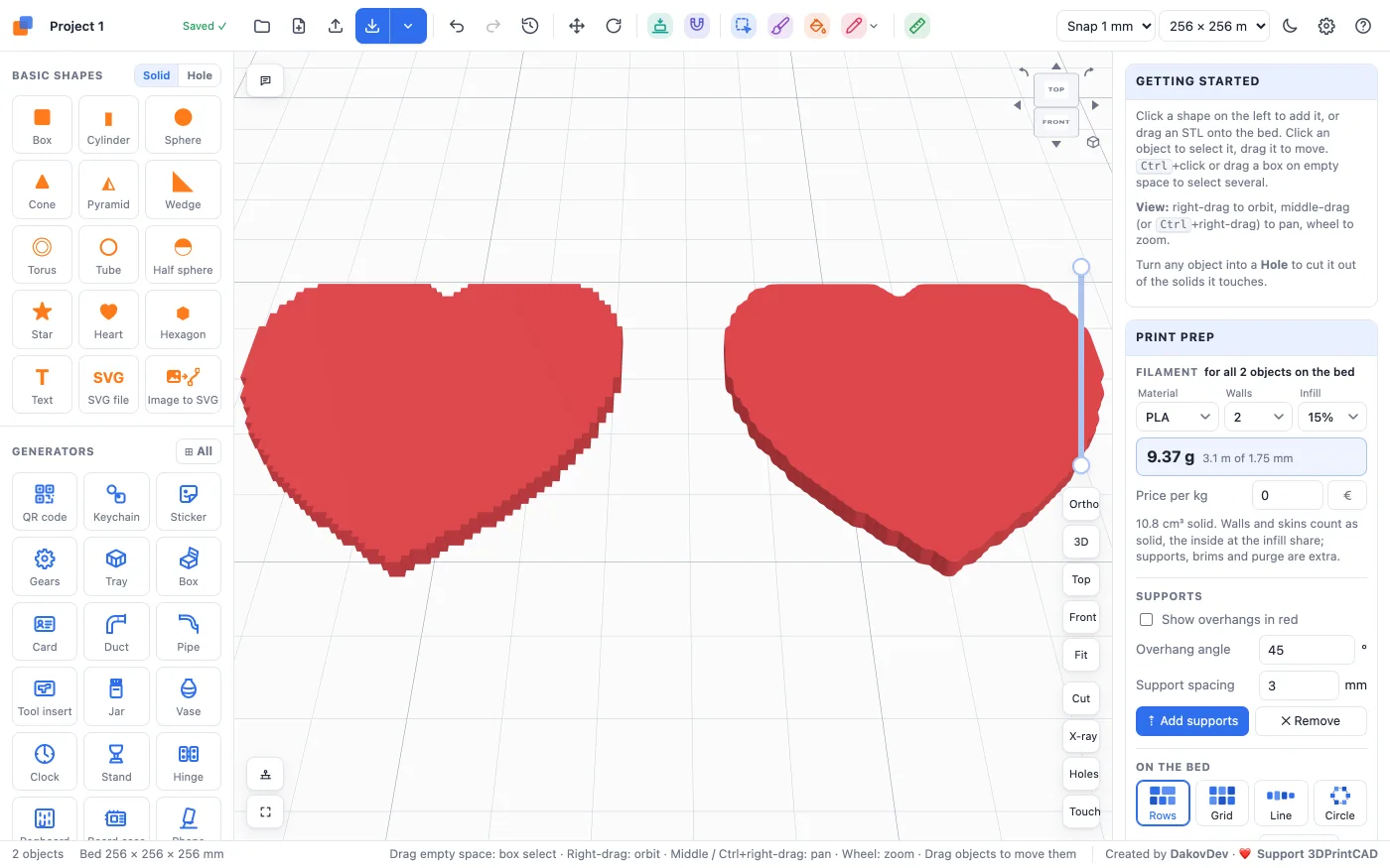 Two red hearts on the bed: the left one with stepped edges, the right one smoothed