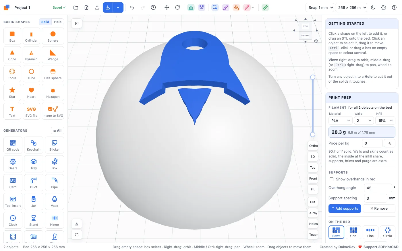 The blue rocket bent over the top of a white dome