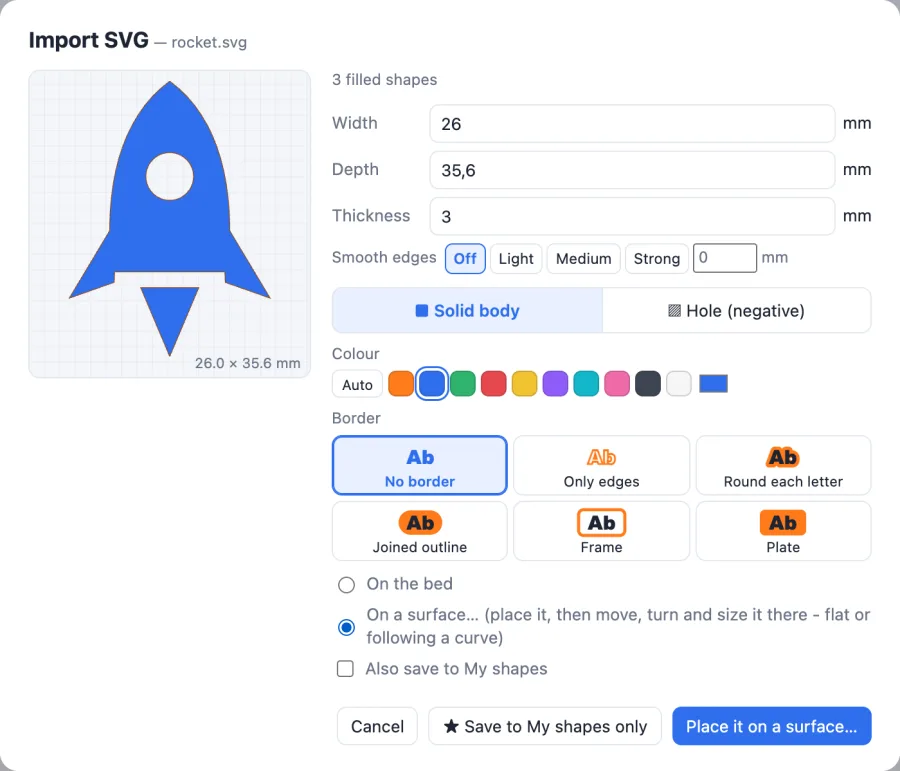 The Import SVG window with On a surface chosen and the button Place it on a surface