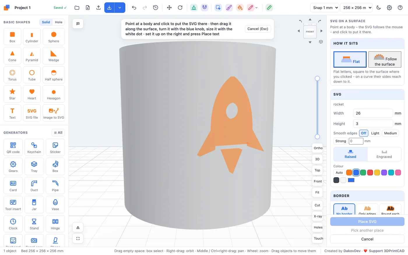 A see-through orange rocket following the mouse over the side of a white cylinder