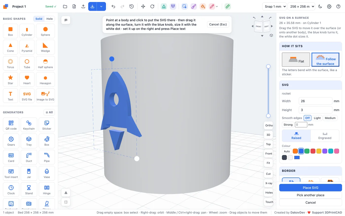 The rocket bent round the cylinder, seen from the side, with Follow the surface chosen